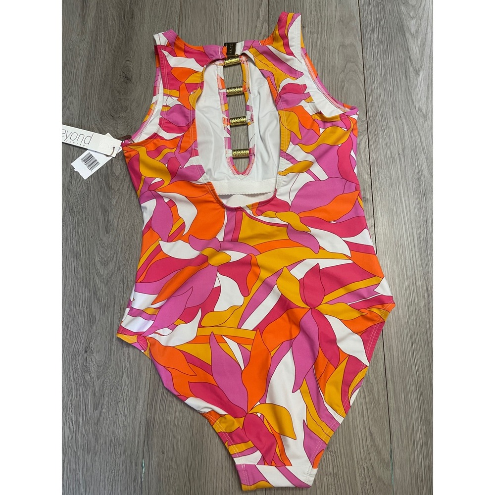 Retro Resort Pink Orange Mod Print Open Back One Piece Swimsuit - Picture 12 of 13